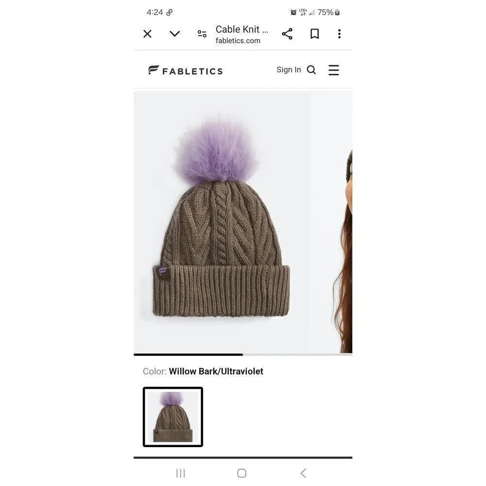New Fabletics Pom Beanie Hat Cable Knit Willow Bark Ultra Violet Sweater Hat NWT